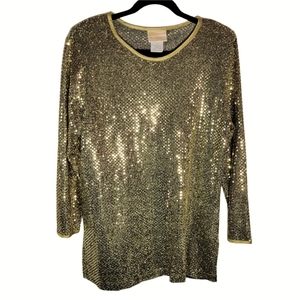 Vintage Authentics gold metallic knit long sleeve sheer blouse Size Small
